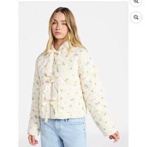 No Boundaries Cream Quilted Floral Bow-Front Puffer Jacket